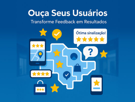 Ilustração de avaliações de usuários em shoppings e aeroportos com estrelas e mapas interativos.