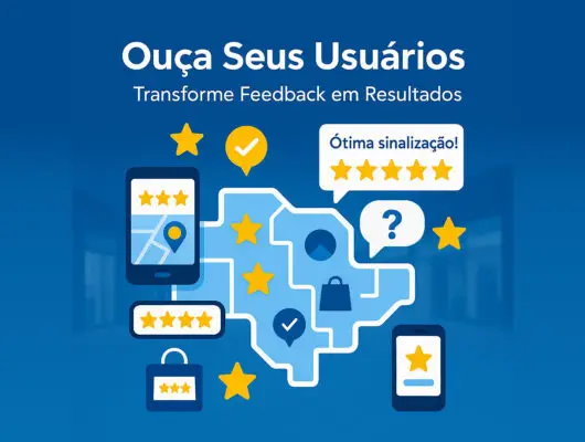 Ilustração de avaliações de usuários em shoppings e aeroportos com estrelas e mapas interativos.